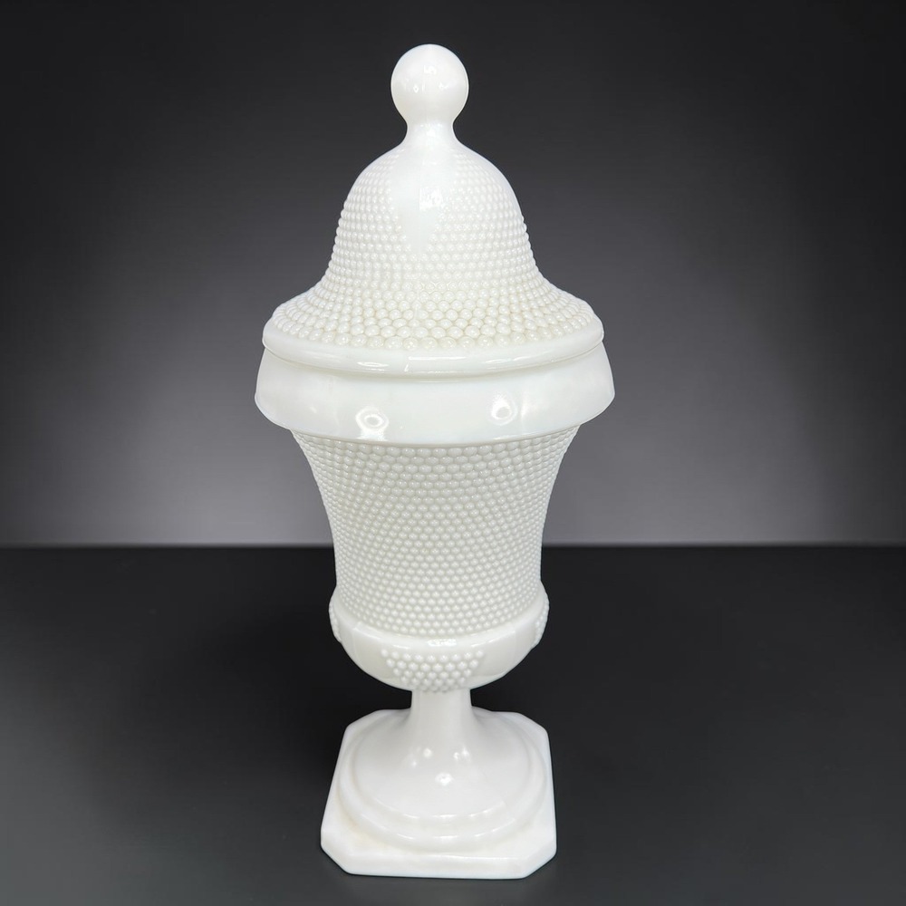 LE Smith White Milk Glass Hobnail Apothecary Jar Urn with Lid 10.5inch Vintage